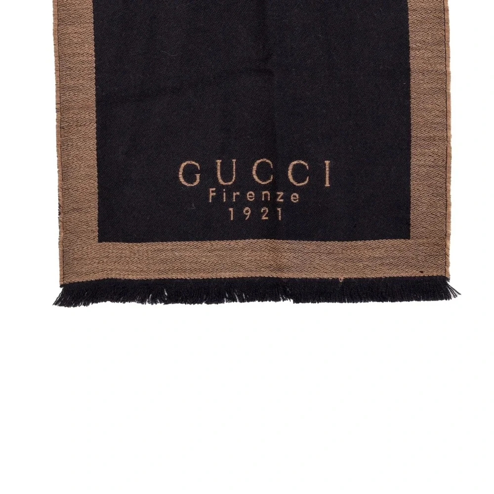 Gucci Firenze 1921 Wool Scarf Black Brown‎ Logo Fringe 172x36cm